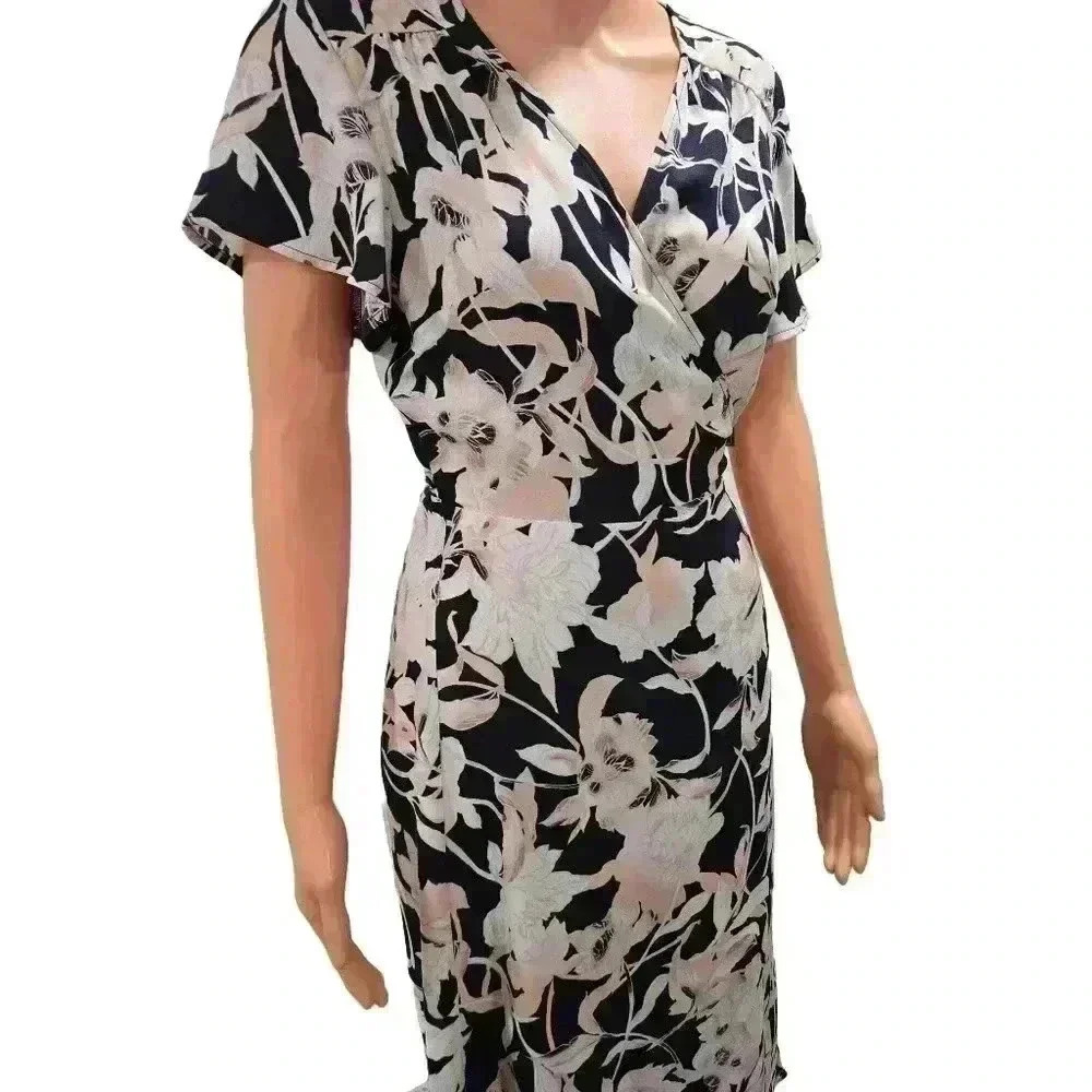 Floral Wrap Midi Dress - Navy, White, and Peach - Picture 2 of 8